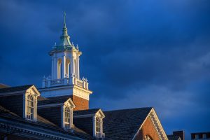 The top of a building on the Johns Hopkins University Homewood campus.